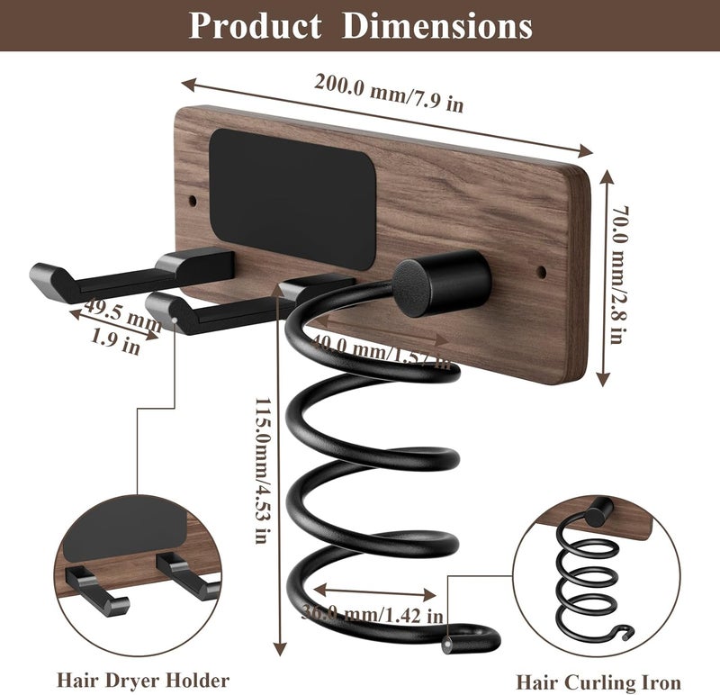 Tindbea Hair Dryer Holder Curling Iron Holder, Blow Dryer Holder Wall Mount, Bathroom Hair Tool Organizer Rack for Universal Dryer, Walnut Matte Black - Image 3